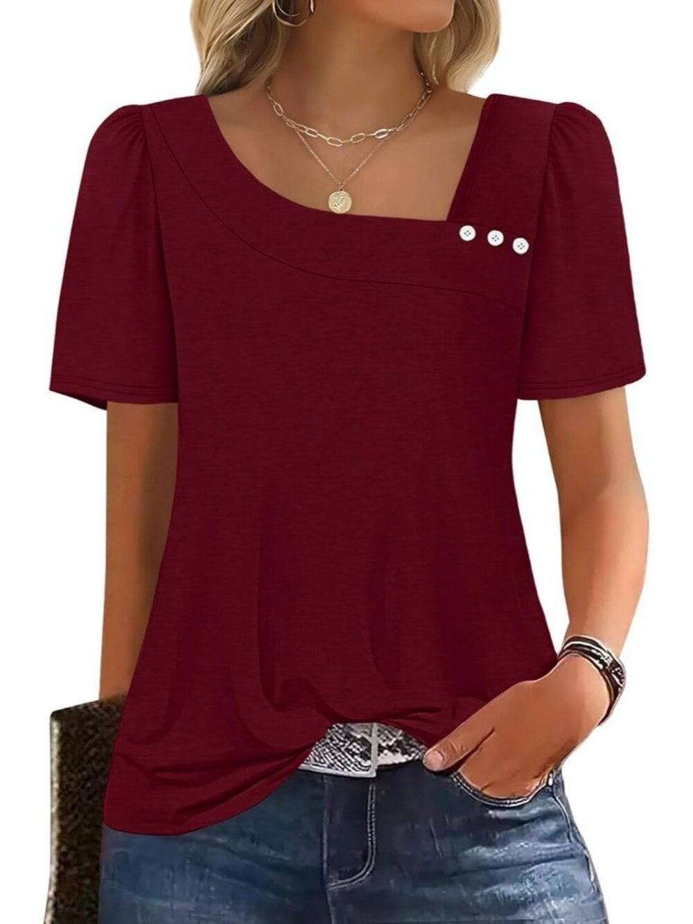 Women's Winered Square Neck Blouse Summer Casual Short Sleeve Outfit Spring Top